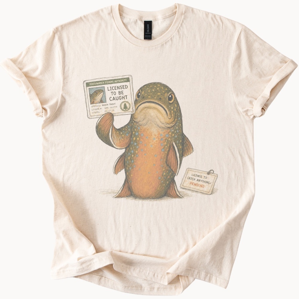 Fishing License Graphic Tee Humorous Fish Illustration Natural Shirt